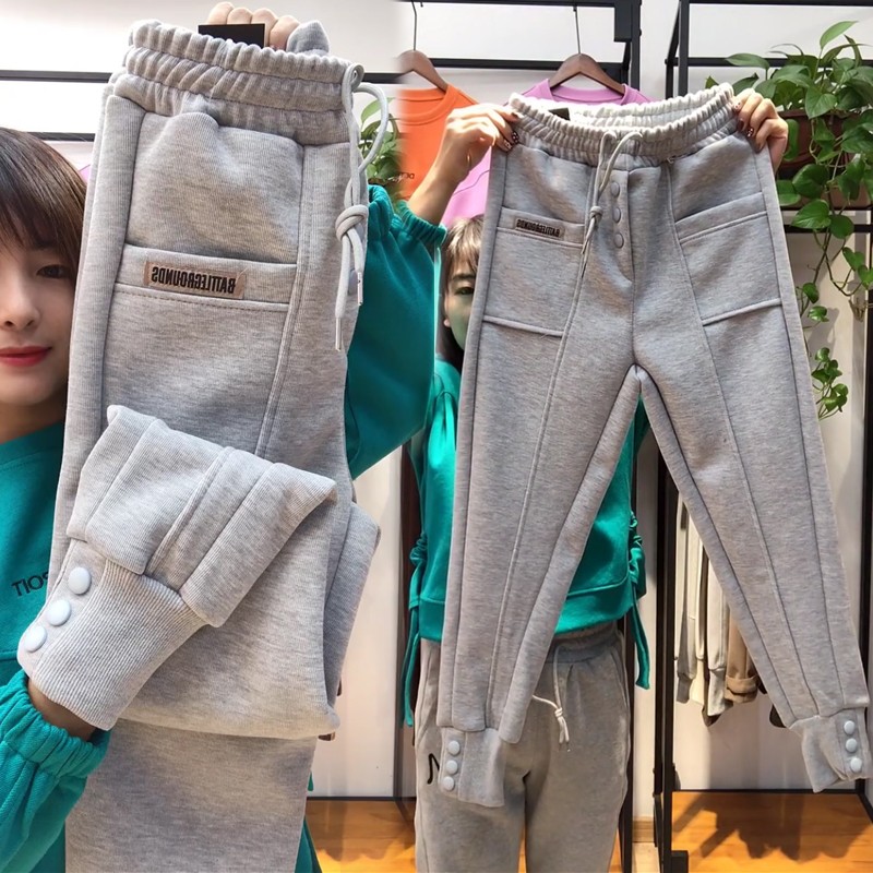 加绒加厚休闲卫裤女m冬季2021新款宽松显瘦哈伦裤束脚萝卜裤奶奶