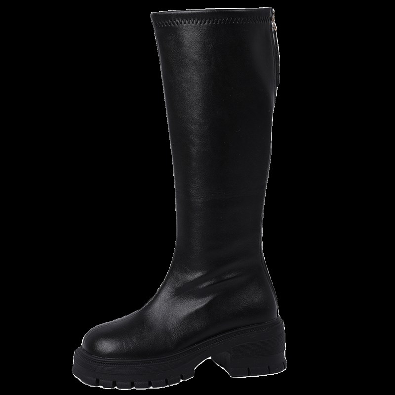 时尚后拉炼长筒靴女2023年秋季新款复古百搭气质粗V跟小个子瘦瘦