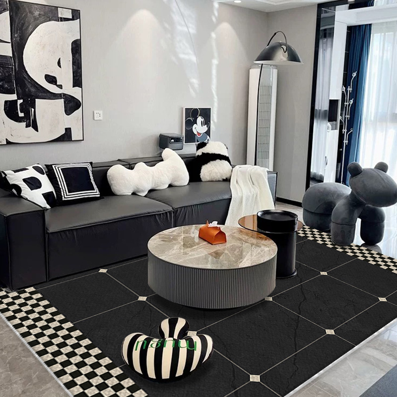 黑白棋盘格客厅地毯2022新款现代简约耐脏沙O发茶几垫轻奢高级毯