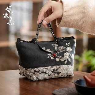 织锦缎刺绣白梅花提梁旅行茶具收纳包袋家用一壶三茶具随行收纳盒