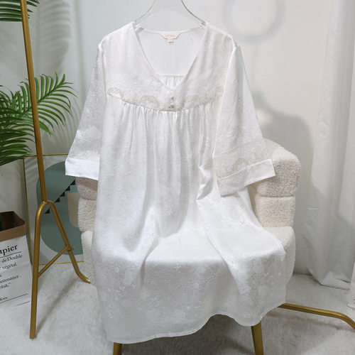 韩版V领宽松真丝睡裙 白色高级感桑蚕丝连衣裙可外穿家居服夏季新