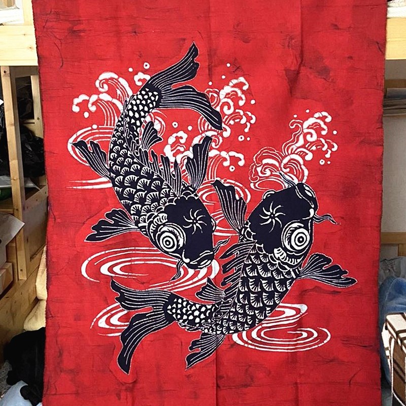 蜡染门帘 贵州苗族蜡染 蜡染画 装饰壁挂 布帘 M红对鱼 140*90CM