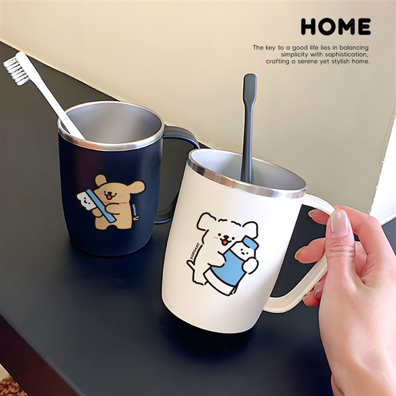干净小狗不锈钢漱口杯浴室2v025新款带手柄刷牙杯防霉抗菌情侣牙