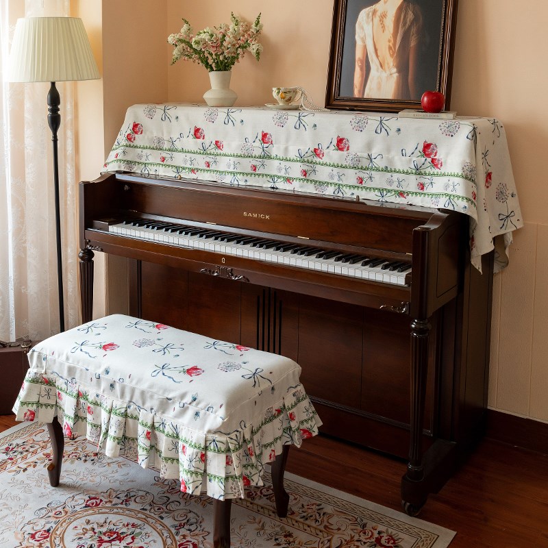 法式钢琴防尘罩玫瑰盖巾防尘布亚麻钢琴半罩琴凳罩V电钢琴电子琴