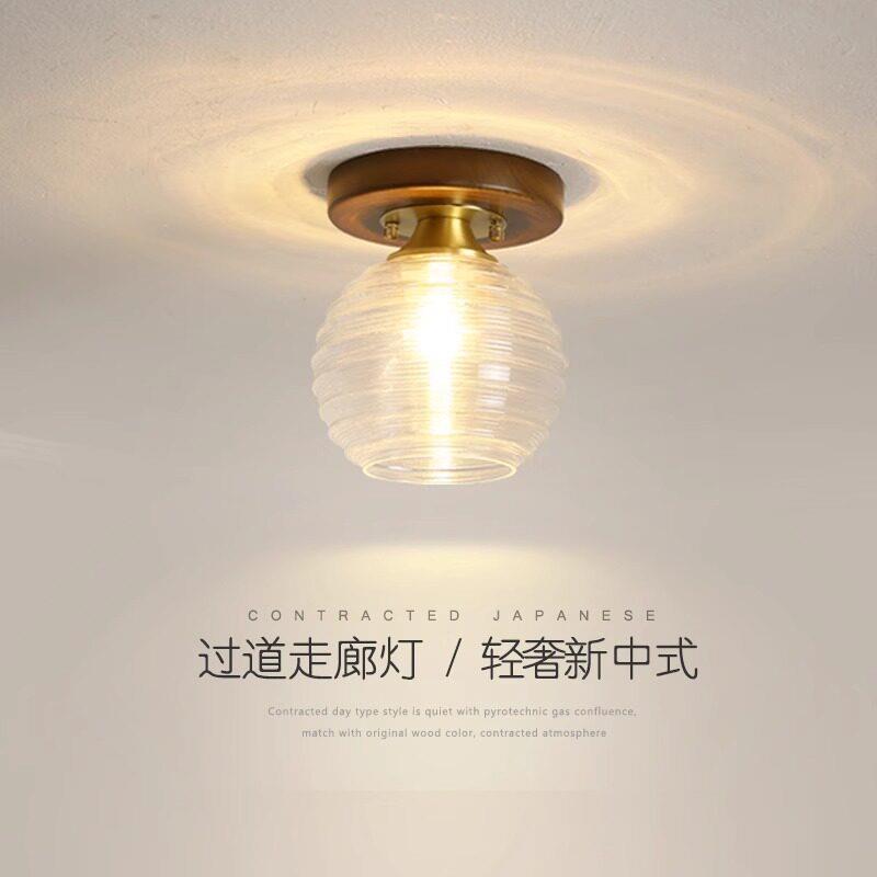 胡桃木色新中式LED走道灯简约现代中国风玄关走道吸顶灯琉璃灯具