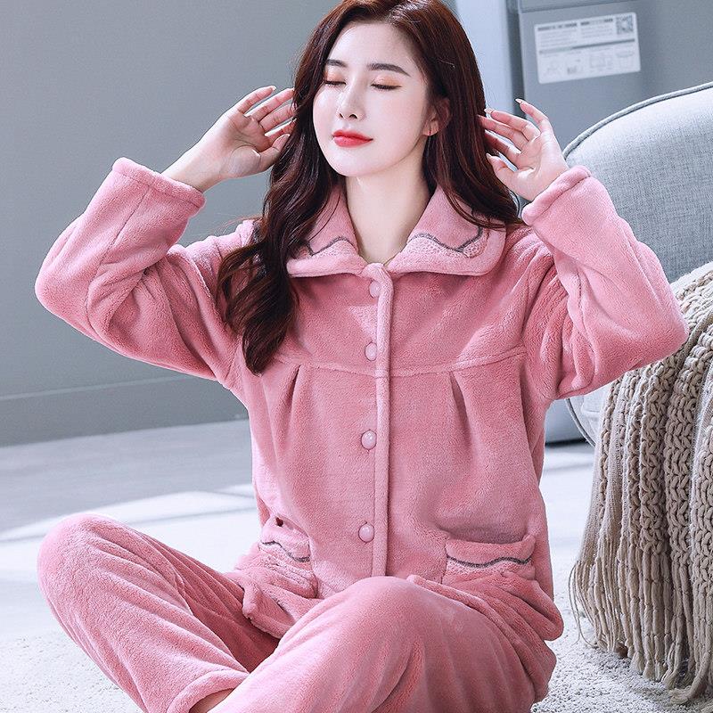 女士秋冬季珊瑚绒睡衣加绒加厚中年女士珊瑚绒保暖妈妈家居服套装