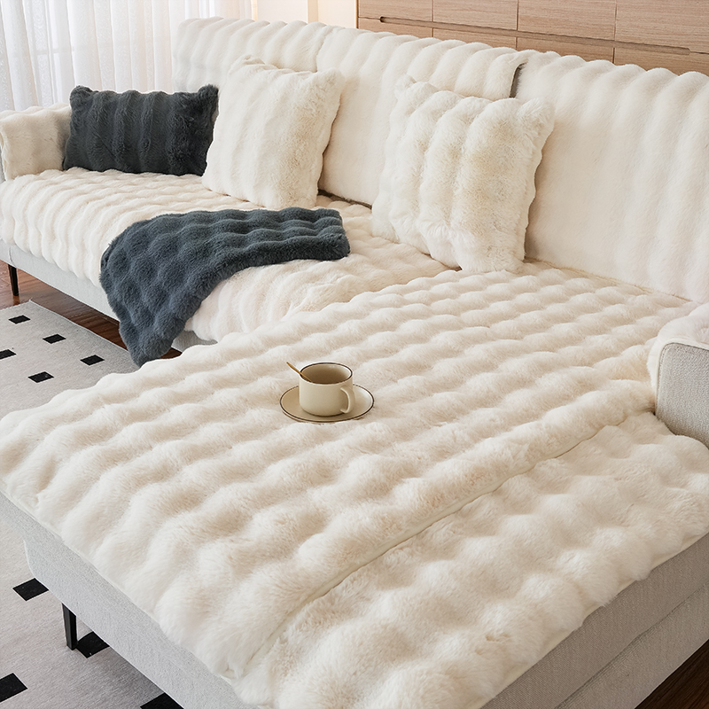 兔兔绒网红c沙发垫冬季加厚毛绒坐垫防滑皮沙发套罩2023新款盖布