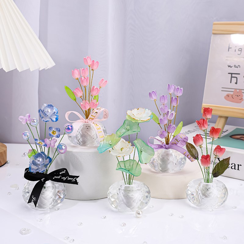 水晶花朵桌面小摆件创p意客厅轻奢高档家居玄关装饰品办公工位摆