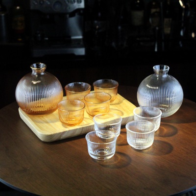 日式竖纹圆形清酒壶 杯套装烧酒梅酒杯 清酒杯托套装无铅玻璃酒壶