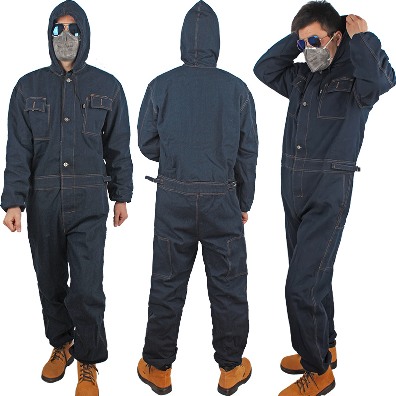 电焊防护服连体牛仔工作服加厚连体带帽防尘服焊工劳防污服喷漆服