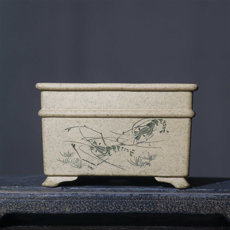 紫砂花盆柴烧正方形四方刻绘手工盆黄降坡泥段泥手工盆名家盆精工