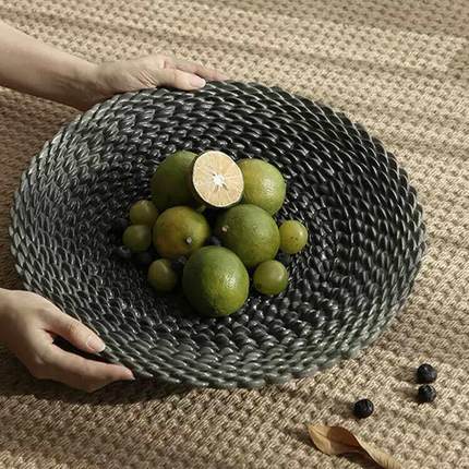 中古黑色编织果盘样板间酒店民宿家居茶几桌面装饰品侘寂艺术摆件