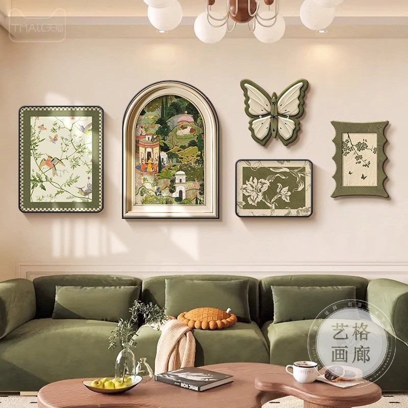 法式中古风客厅装饰画复古艺术蝴蝶组合壁画高级感沙发背景墙挂画