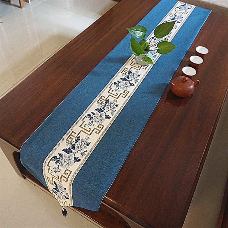 亚麻布艺桌旗茶几旗中式桌巾现代简约棉麻复古典茶几布纯色桌旗