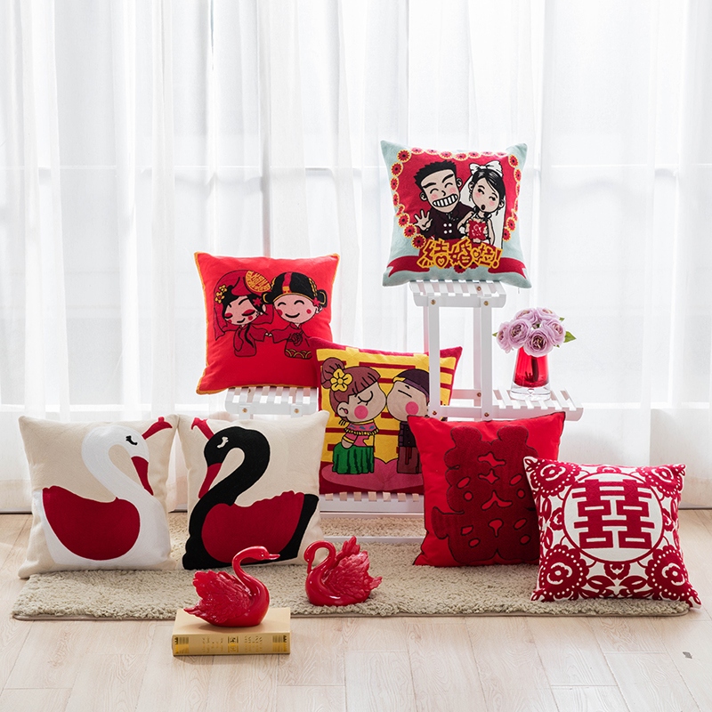 婚庆床上抱枕绣花情侣靠枕结婚靠垫套子沙发靠背加厚婚房靠背加厚