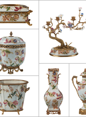 欧式浅蓝陶瓷配铜纸巾盒客厅花盆花瓶创意奖杯储物罐玄关装饰摆件