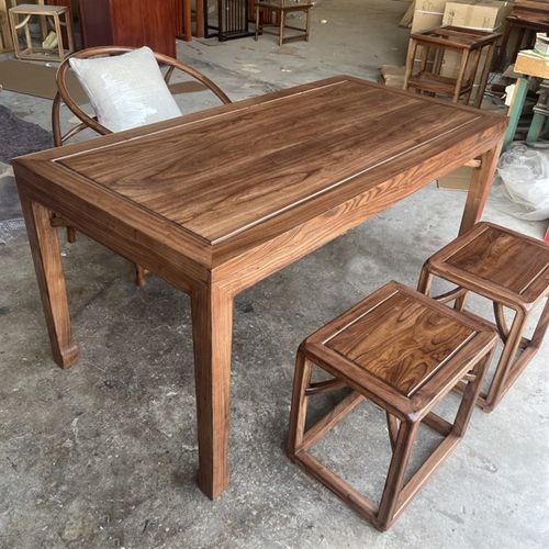 北榆木茶桌书桌画案新中式实木马蹄餐桌椅凳子组合办公桌家用休闲