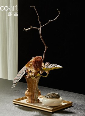 新中式酒店疗愈空间布置会议室桌面摆花高级感石材大理石花瓶摆件