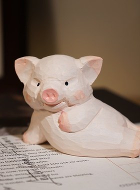 大王~翻我的牌子吧手工木雕小摆件可爱动物猪办公桌面装饰品