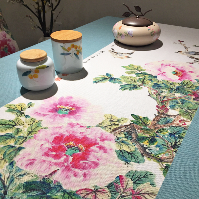 中国风花鸟牡丹桌布布艺防水防烫棉麻新中式茶几盖布水墨画