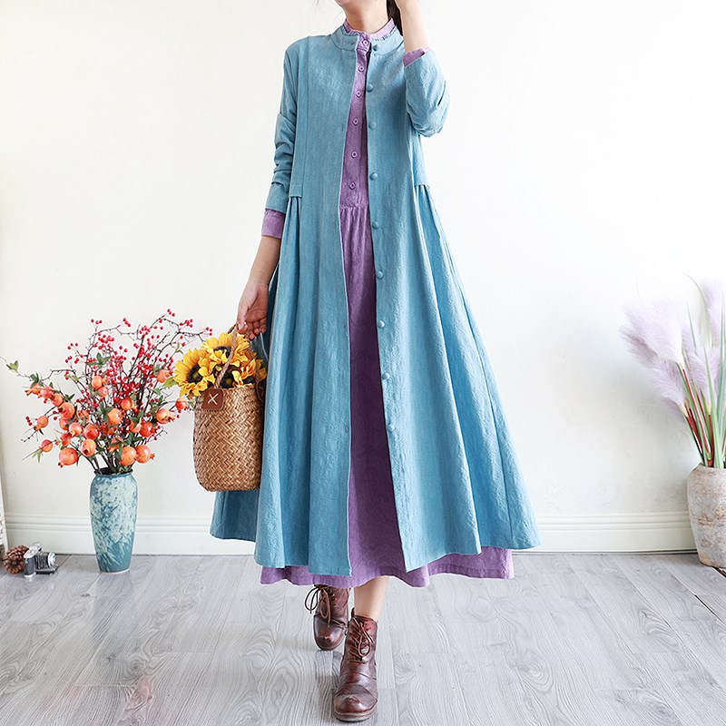 文艺范春季新款风衣m外套女纯色百搭长款开衫亚麻棉宽松花边领外