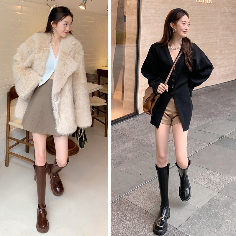 真皮黑色粗跟高跟长m筒靴女2024新款棕色不过膝长靴厚底高筒骑士