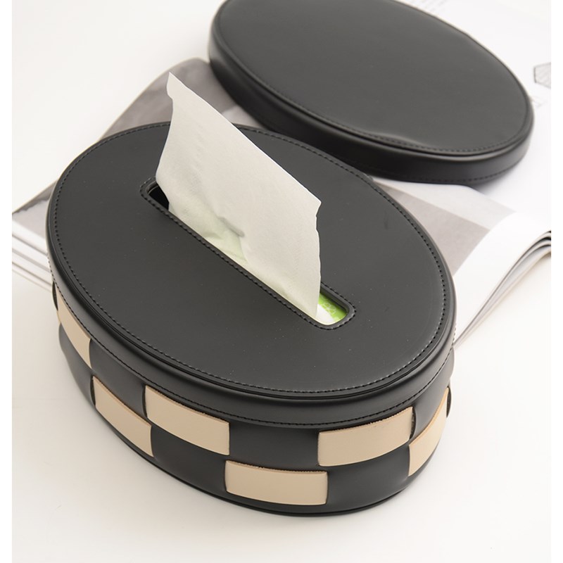 oakliving皮革棋盘格纸巾盒收纳盒高档餐桌复古抽纸盒客厅摆件