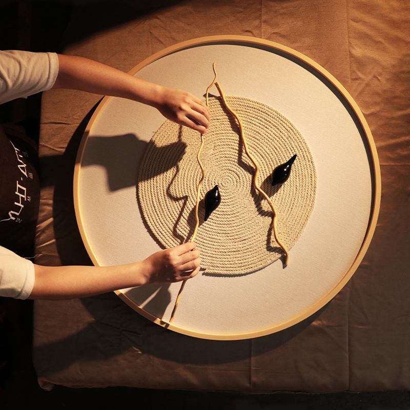 圆形实物走廊画玄关装饰画日式饭厅新中式立N体过道壁画挂画卧定