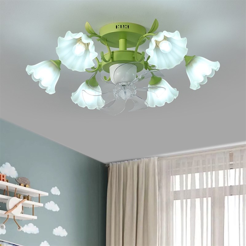 2025客厅吊灯静音摇头风扇灯法式铃兰花朵田R园乡村餐厅吊扇灯
