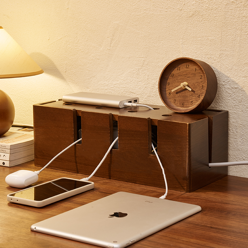 实木插线板收纳盒桌面电线整理线盒E插排插座电源线理线集线盒遮