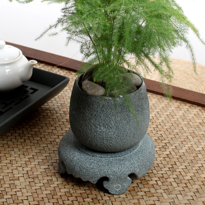 青石花盆摆设绿植石盆景兰花石用具桌面装饰景观整套石头底座花托