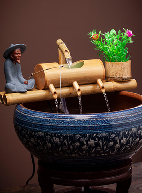 养鱼过滤器鱼缸循环流水造景摆件简约现代创意竹子流水陶瓷缸增氧