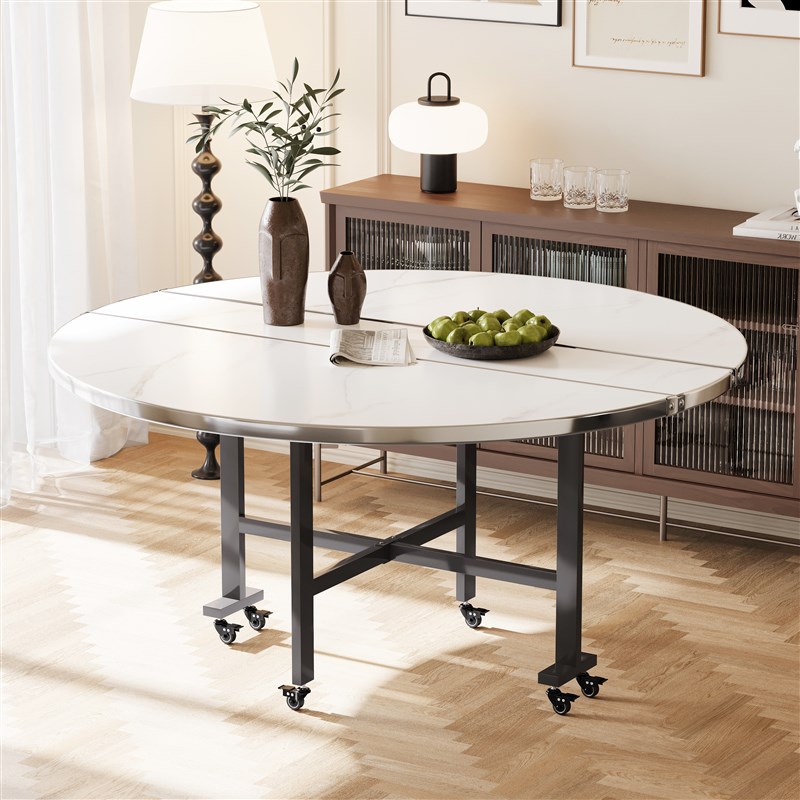 折叠餐桌高级不锈钢包边折叠式桌子家用多功能餐桌隐形可折叠圆桌
