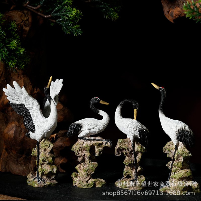 假山水景仿真仙鹤玄关客厅鱼缸微景观丹顶白鹤树脂小摆件盆景装饰