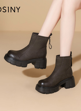 卓诗尼厚底马丁靴女2026冬季新款英伦风黑色短靴保暖增高加绒靴子