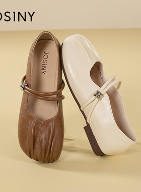 卓诗尼白色玛丽珍女鞋2025秋冬新款英伦风时尚百搭软底褶皱单鞋女