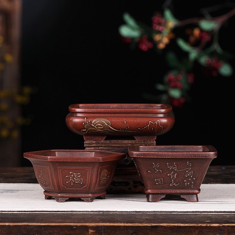 铁画轩紫砂花盆仿古回流古典盆泥绘手工花盆多肉菖蒲云竹小盆直销