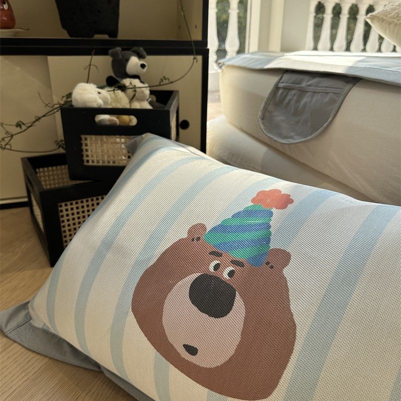 夏季蓝条纹可爱熊凉感冰丝席空调席可水洗1.5m1.8米夏凉席三件套