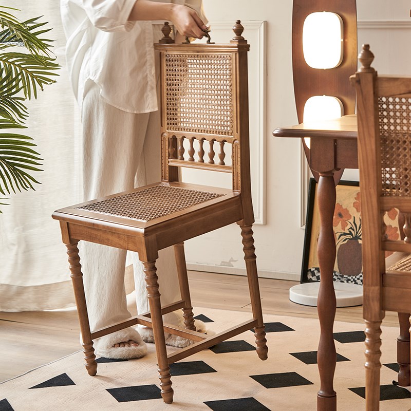 法式复古餐椅家用餐厅实木椅咖啡厅靠背餐桌椅卧室梳妆凳藤编椅子