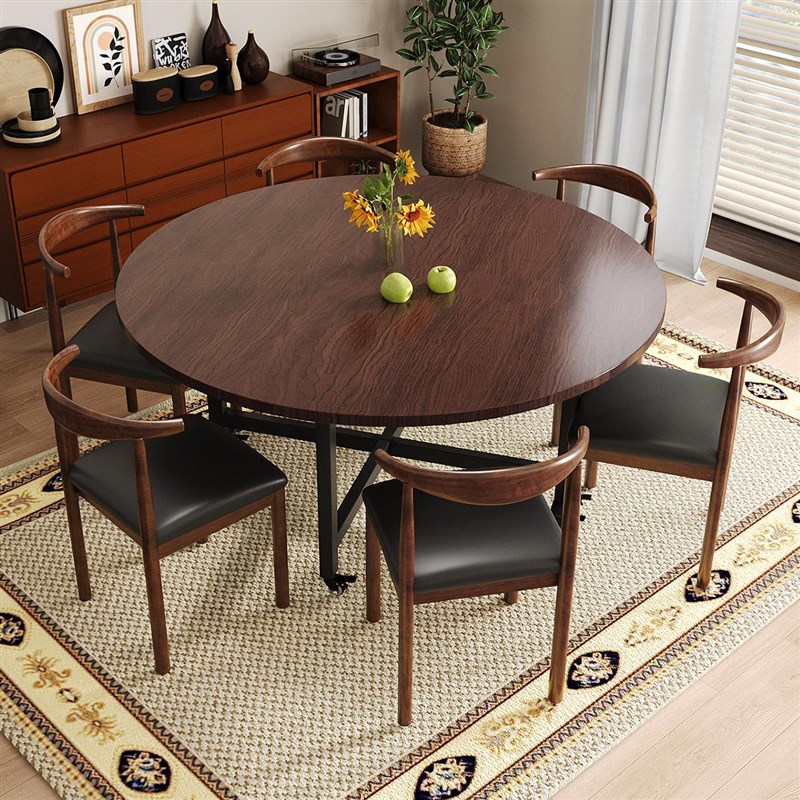 圆桌实木餐桌吃饭桌子家用中古风餐桌胡桃木带转盘颗粒板折叠桌子