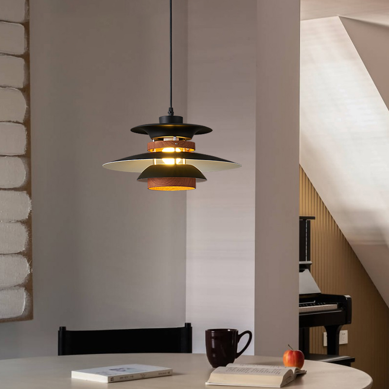 PH5餐厅吊灯复古北欧现代简约长条三头长餐桌R圆桌吊灯高显指木纹