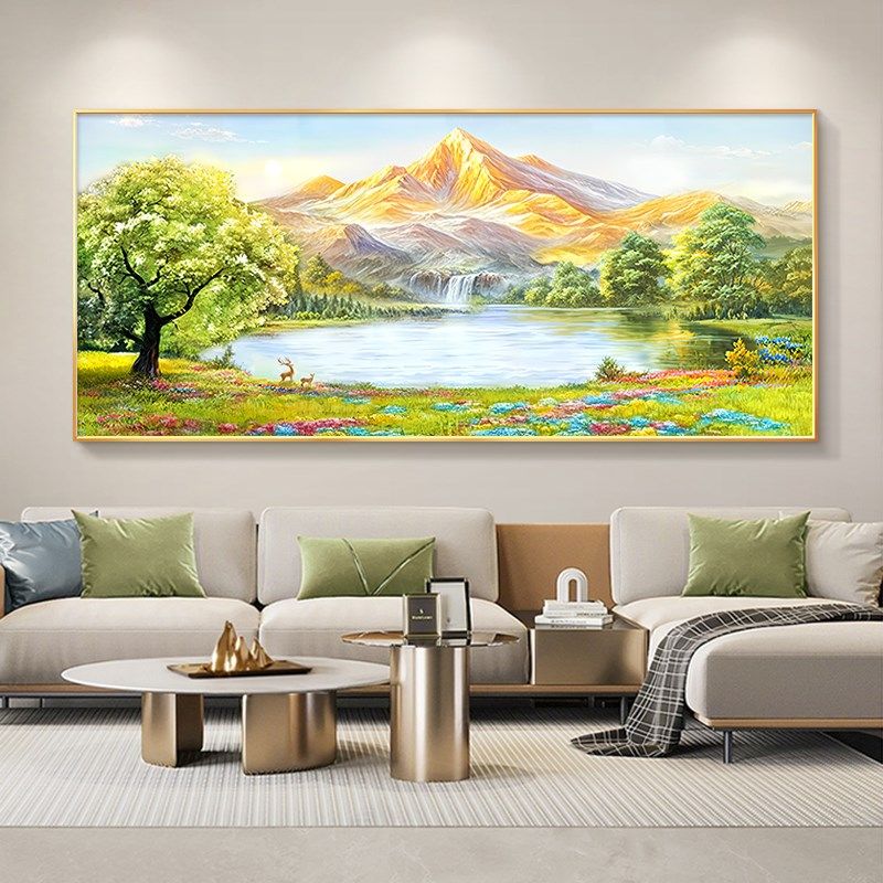 客厅装饰画轻奢高级感金山聚宝盆沙发背景墙挂画山水风景手绘油画