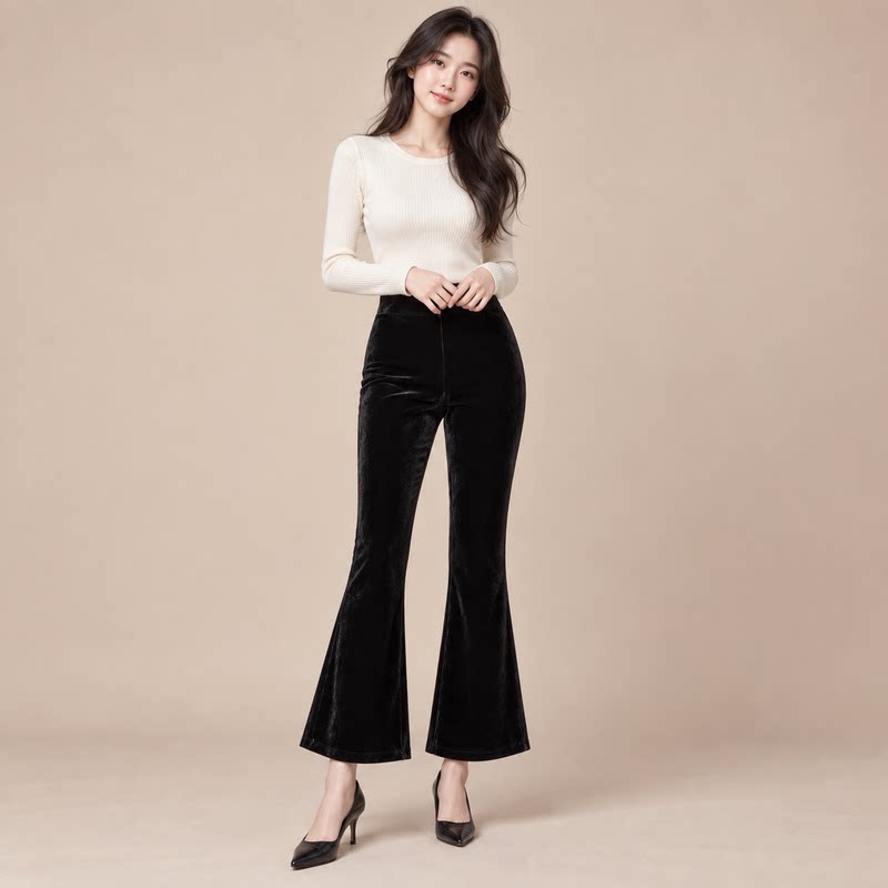 女王家黑丝绒高腰显瘦微喇女裤