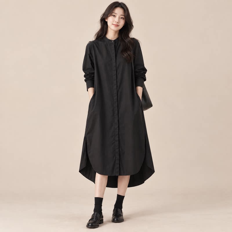【女王家】黑色衬衫连衣裙女长袖宽松开扣百搭中长款通勤风A字裙