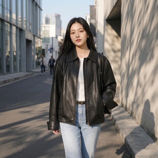 【女王家】女款黑色翻领皮衣女短款宽松廓形机车夹克外套酷飒风