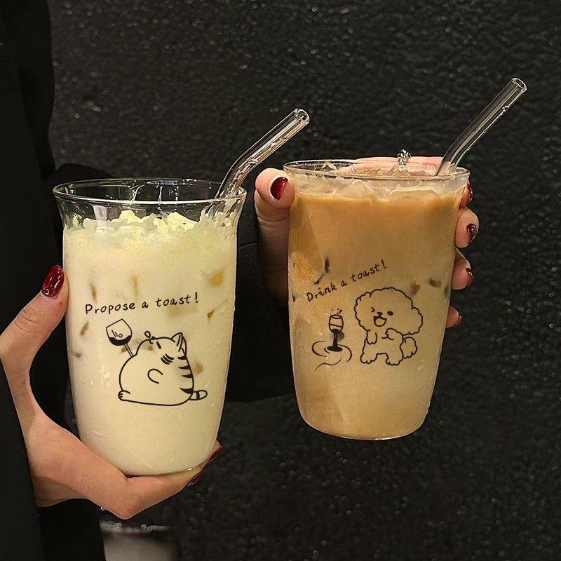 玻璃杯咖啡杯吸管杯ins风印花水杯牛奶家用杯子网红饮料杯果汁杯