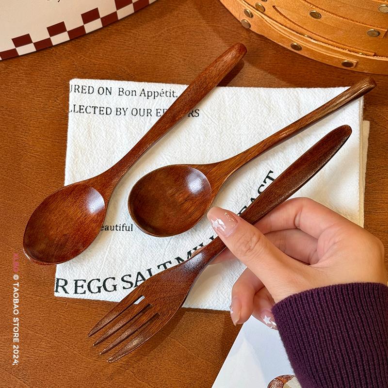 日式干 干饭勺原木深色木勺吃饭用家用木质勺子大号木头叉子餐勺