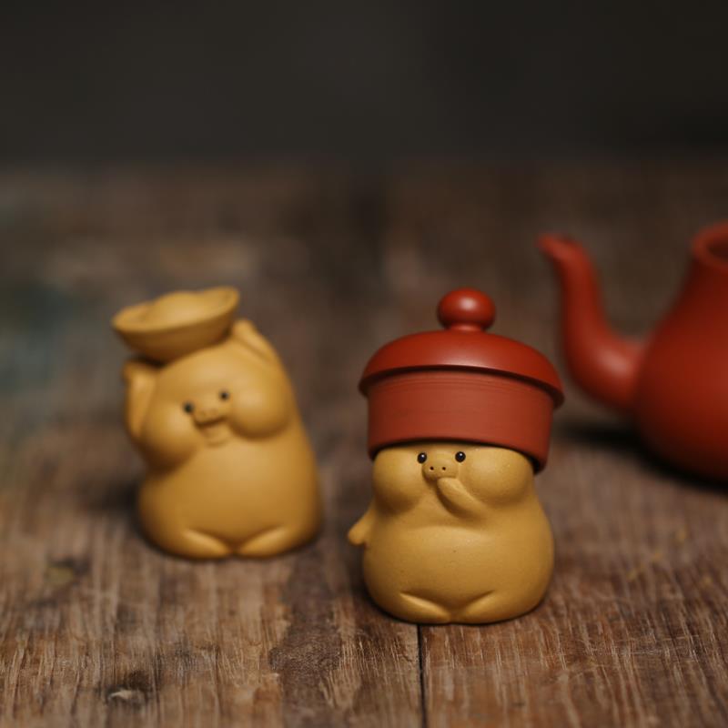招财纳福 小猪宜兴紫砂段泥白泥小茶宠壶盖置小摆件摆设生肖精品