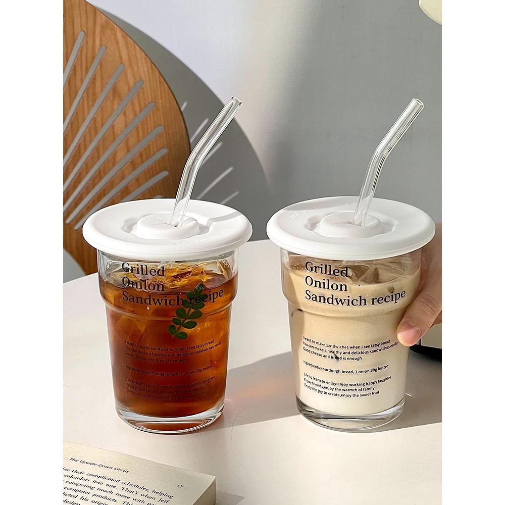 高颜值带盖带吸管字母玻璃杯 家用喝水杯子冰美式拿铁饮品咖啡杯