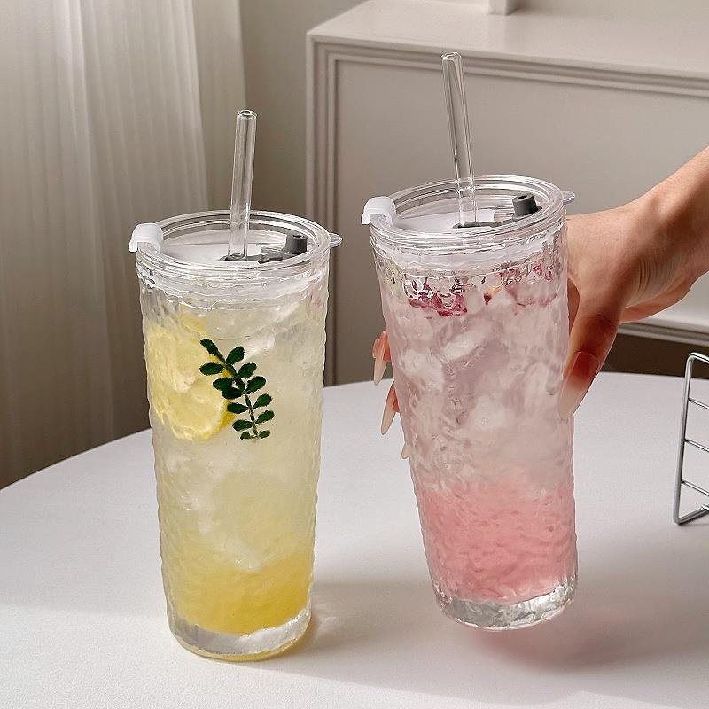 大容量玻璃杯女生高颜值吸管杯家用办公室带盖冰美式拿铁咖啡水杯